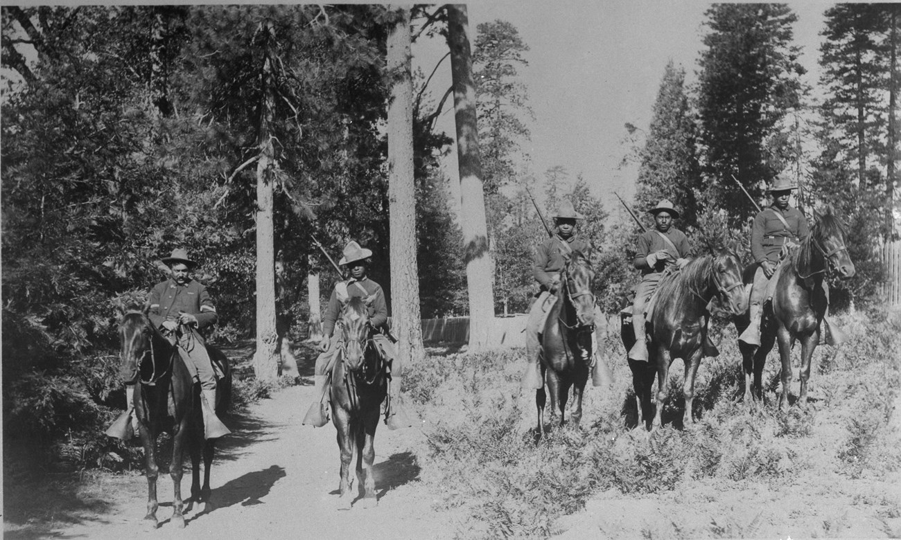 Photo from 1899 shows Buffalo Soldiers of the 24th Infantry performing mounted patrol duties in Yosemite.